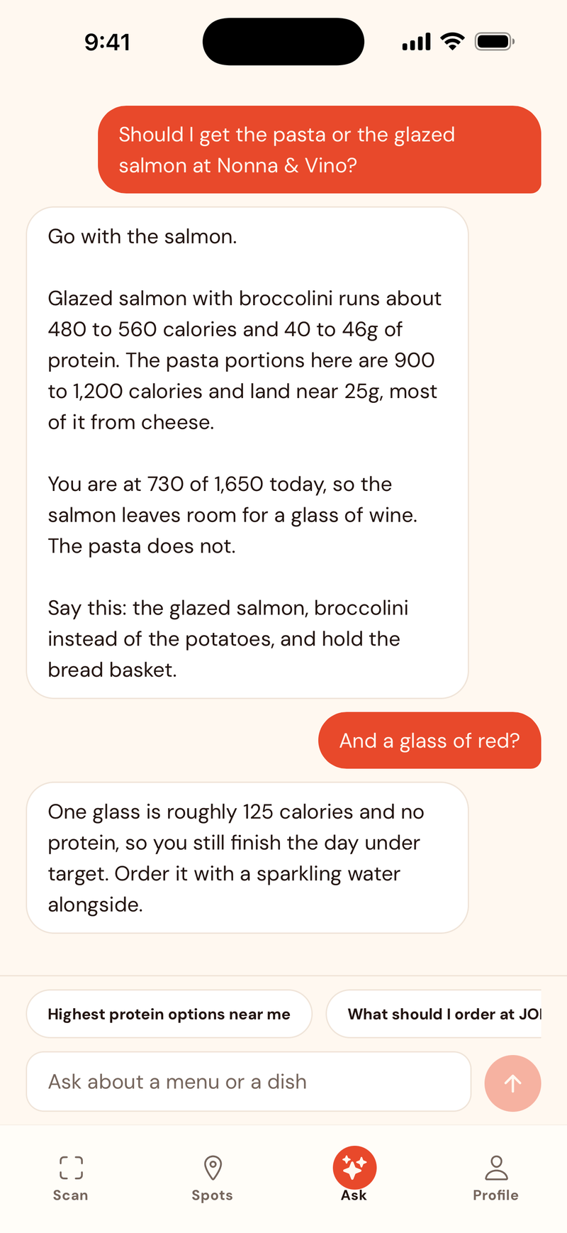 The Ask tab in 2nd Menu: an AI assistant answering questions about eating out near you