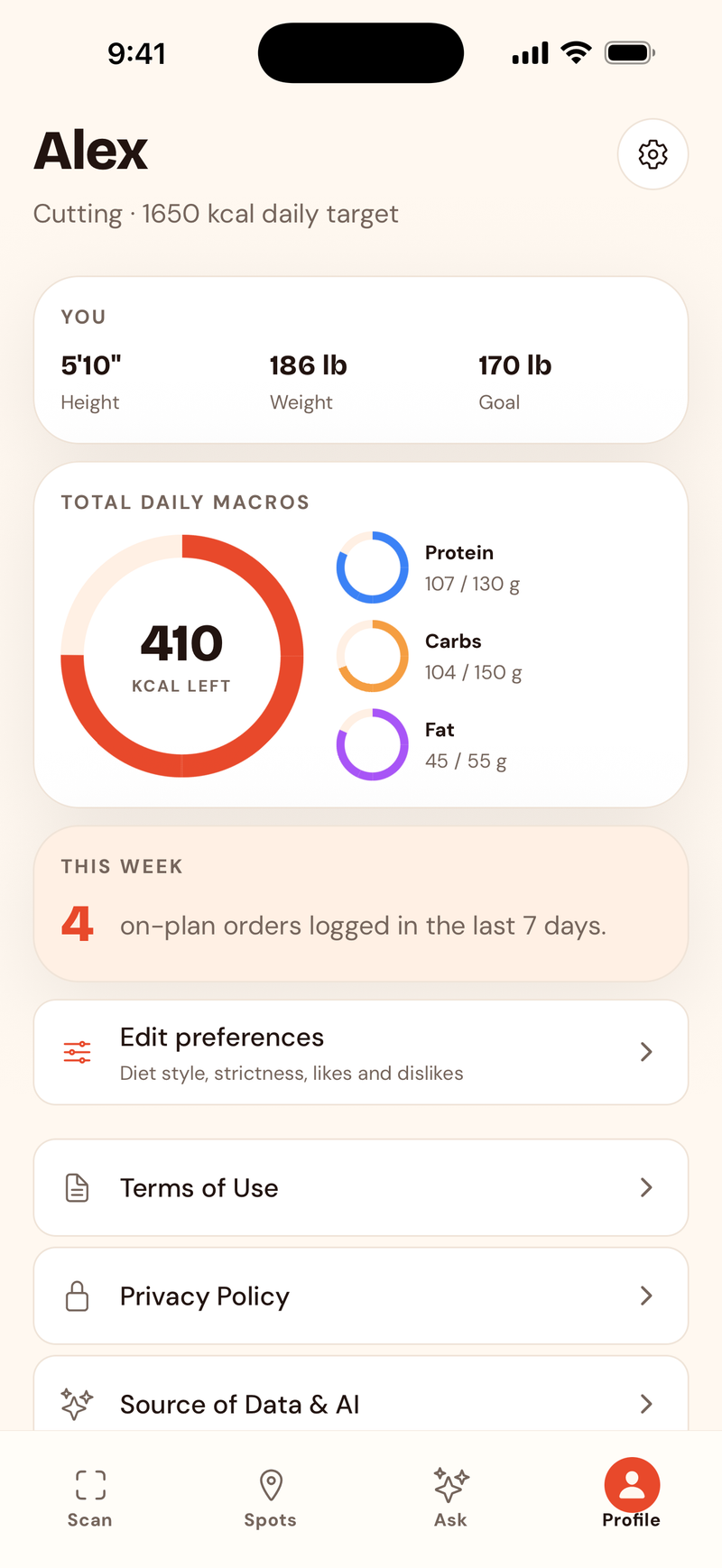 The 2nd Menu profile tab with a daily macro ring and weekly on-plan orders