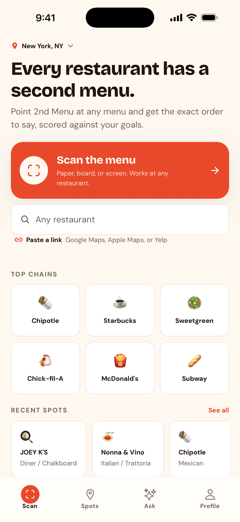 The 2nd Menu scan screen: scan the menu, search any restaurant, or paste a link, with top chains ready instantly