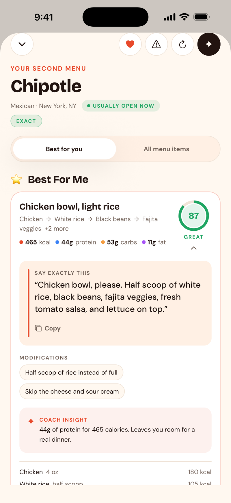 The Second Menu for Chipotle in the 2nd Menu app: a chicken bowl scored 87, with macros and the exact words to order